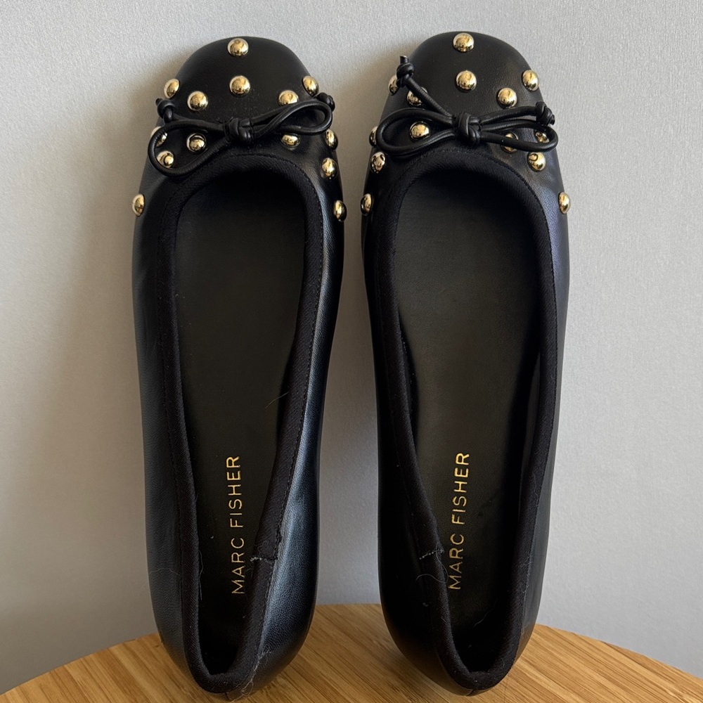 Marc Fisher Black Leather Ballet Flats with Gold Studs